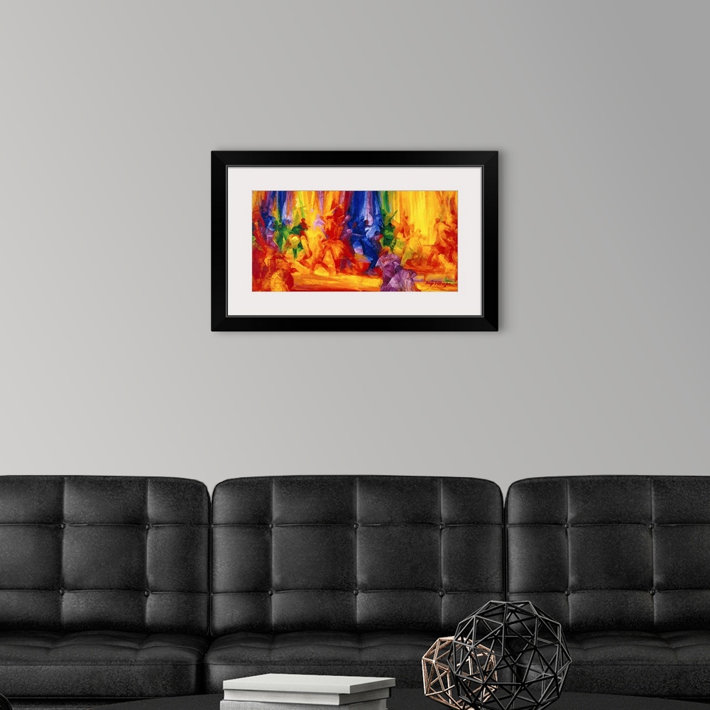 A modern room featuring Large contemporary canvas art showing a number of dancers that are represented in a variety of vi...