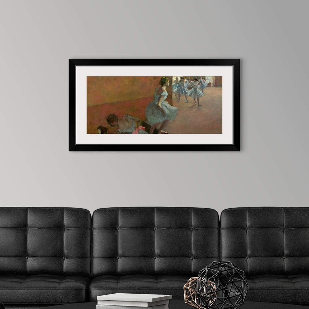 A modern room featuring Painting by Edgar Degas of ballerinas practicing in a room while other dancers climb stairs to jo...