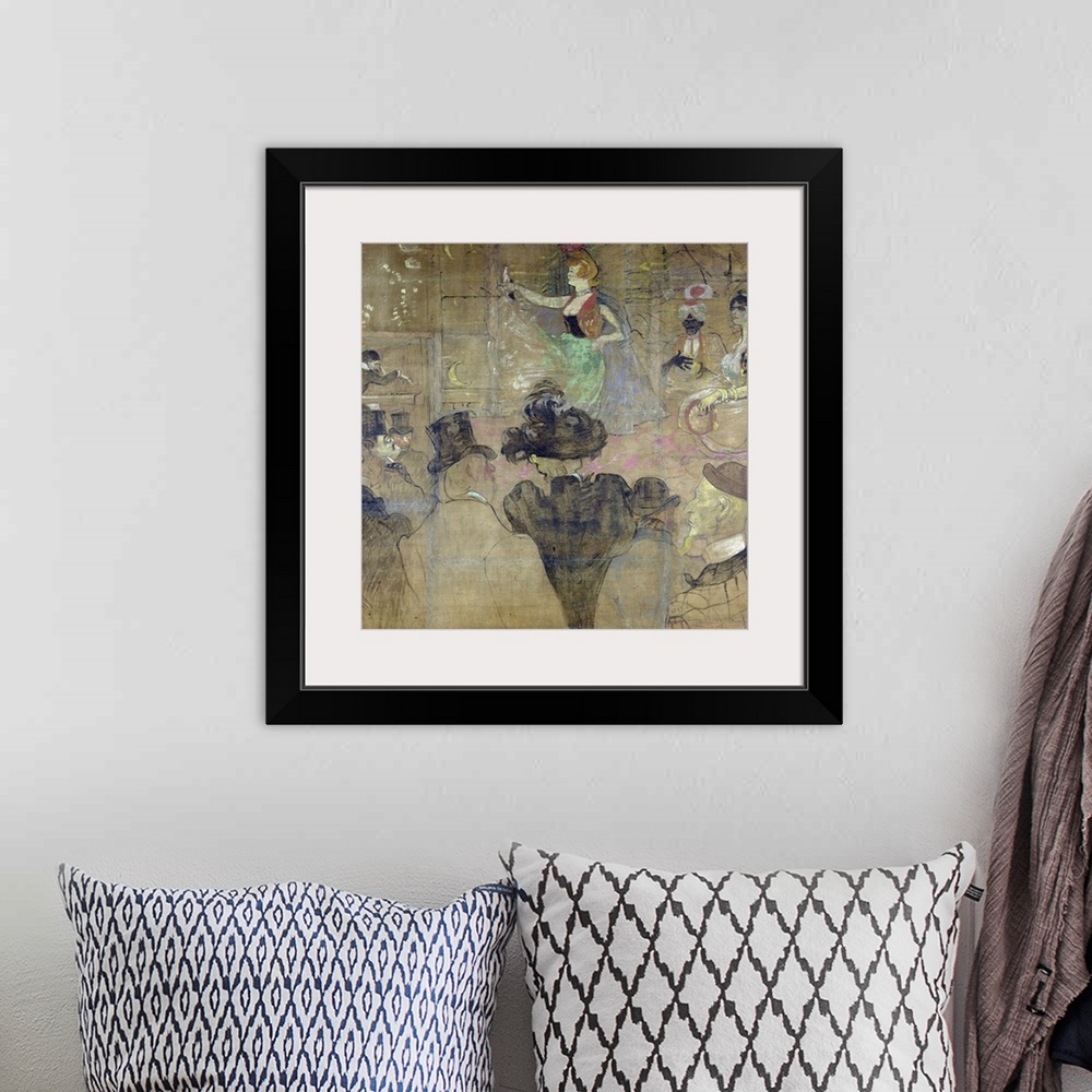 A bohemian room featuring This square wall art is a painting of a cabaret dancer in a French nightclub surrounded by musici...