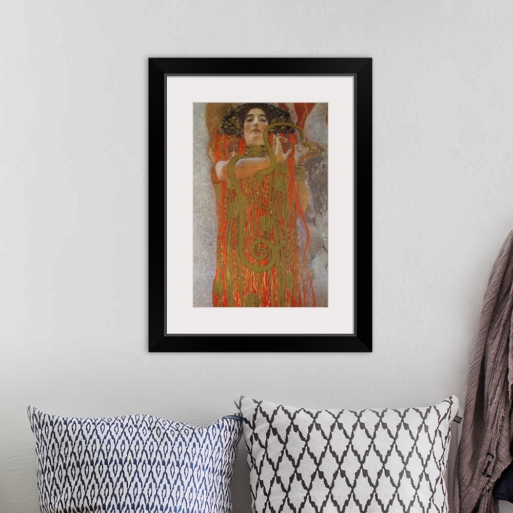 A bohemian room featuring Vertical, oversized classic art on canvas of Hygieia, the goddess of good health, holding a snake...