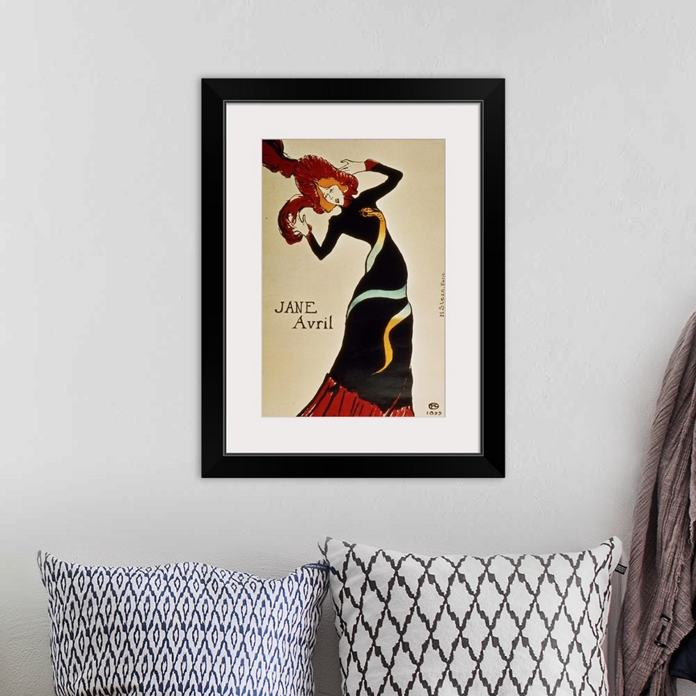 A bohemian room featuring A large vertical piece of Jane Avril dressed in a black gown with a large red hat. She is slightl...