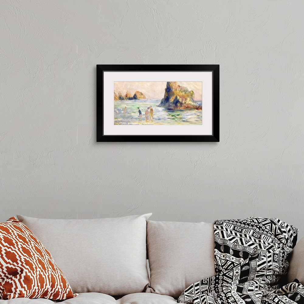 A bohemian room featuring Large classic art composed of a set of couples as they enjoy the gentle waves crashing into them ...