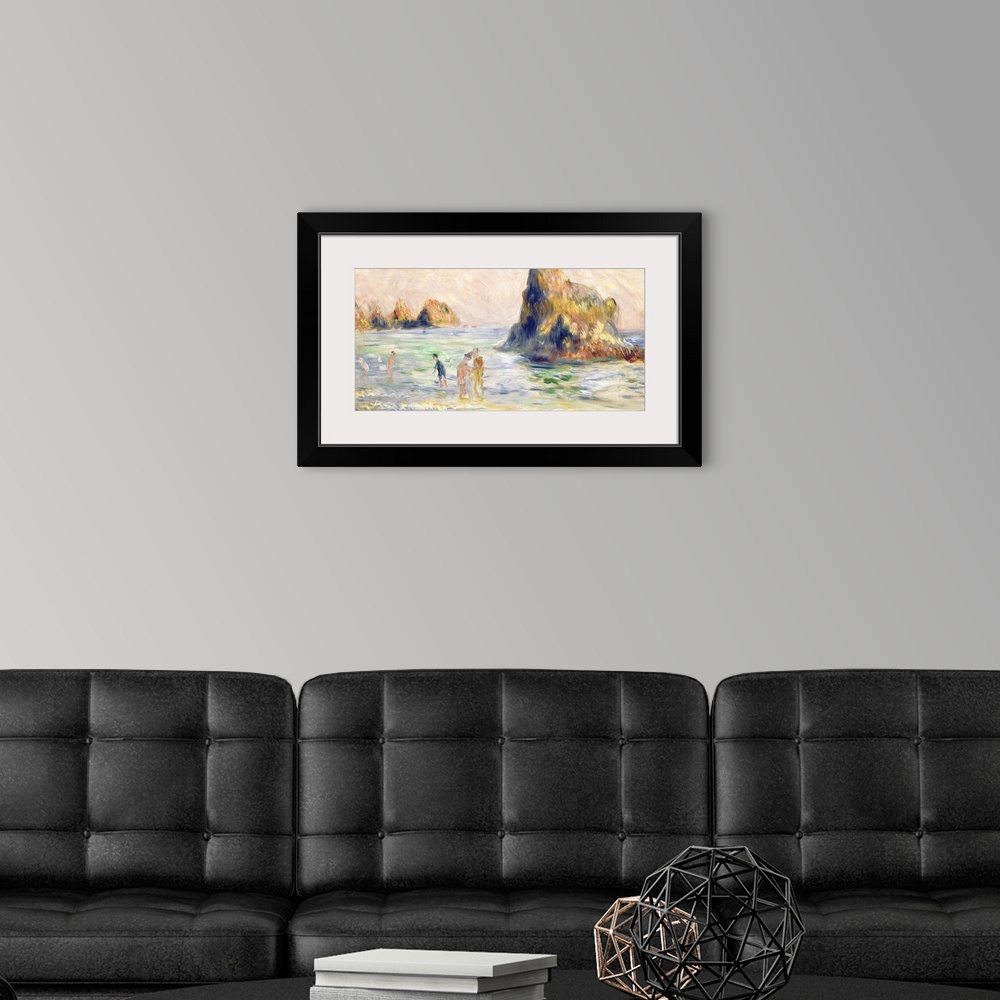 A modern room featuring Large classic art composed of a set of couples as they enjoy the gentle waves crashing into them ...