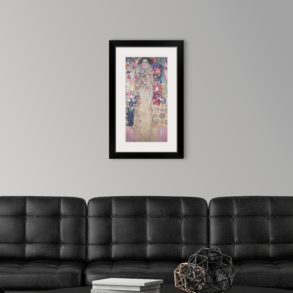 A modern room featuring Large, vertical classic art on canvas of an unfinished portrait of Maria Munk against a backgroun...