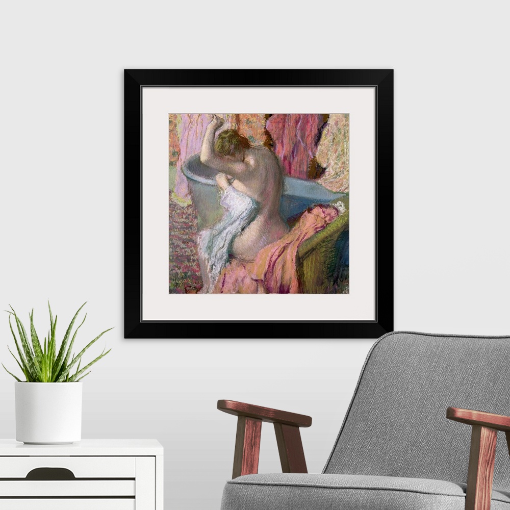 A modern room featuring This large artwork piece shows a woman sitting in a chair next to her bathtub drying off. Many di...