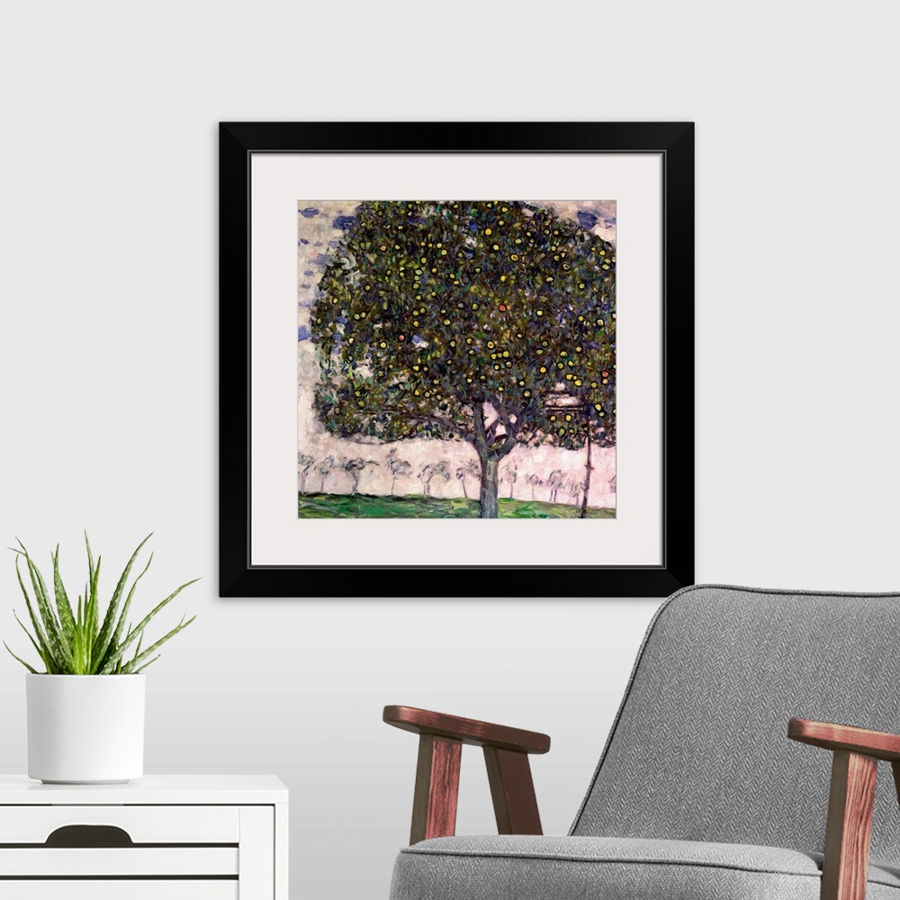 A modern room featuring Giant classic art depicts a fruit tree within a field of the foreground set against a background ...