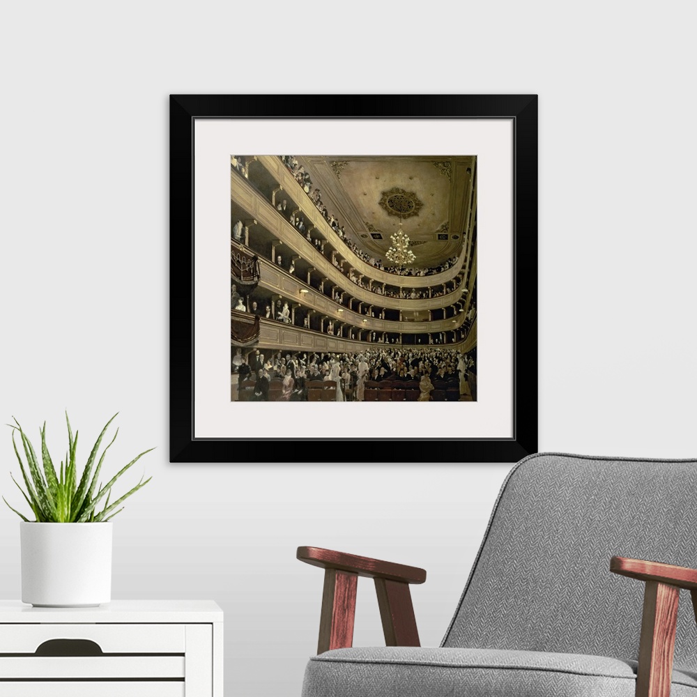 A modern room featuring Classical oil painting of concert hall with balconies filled with people.