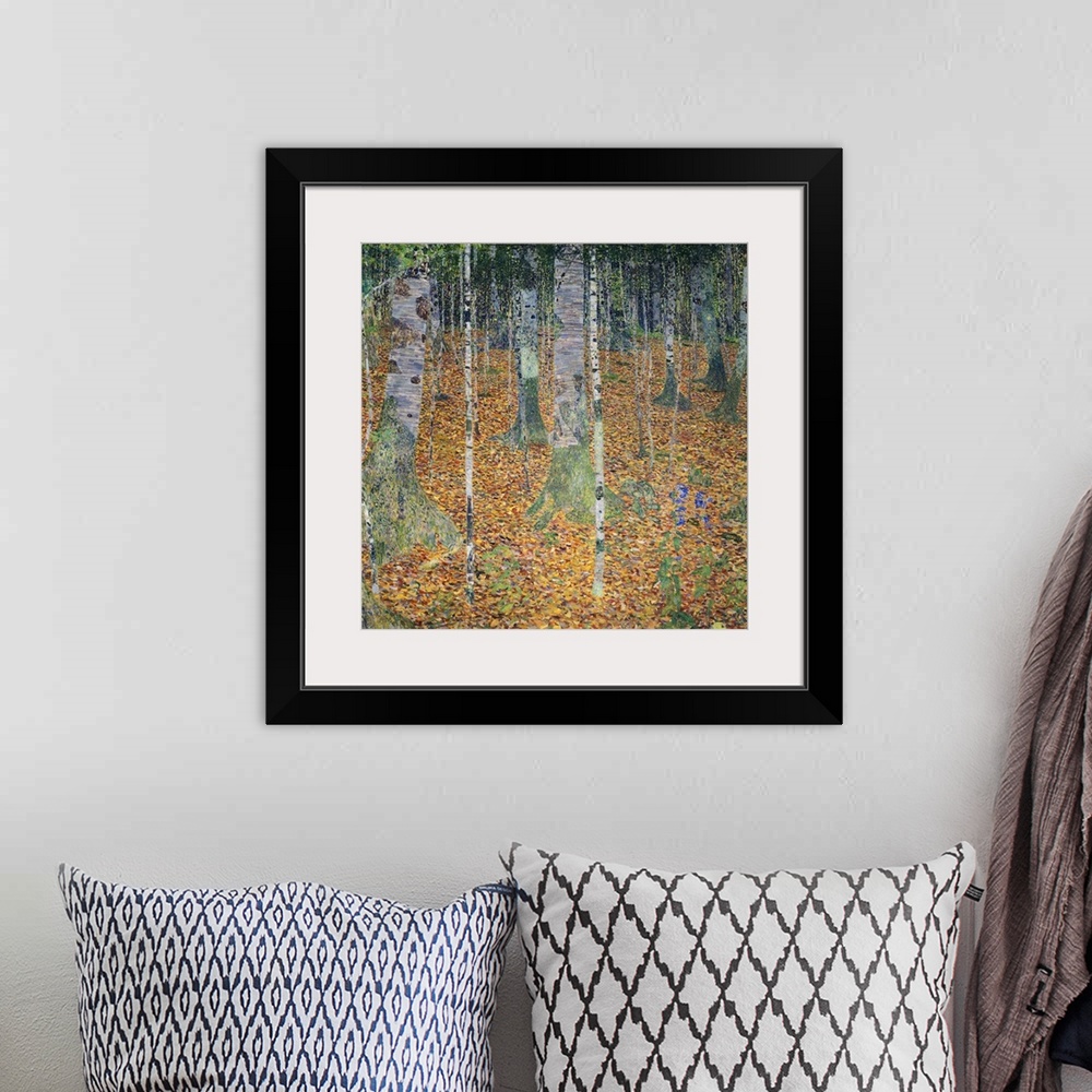 A bohemian room featuring A square, modern art painting of a forest floor covered with leaves and moss covered birch trees.