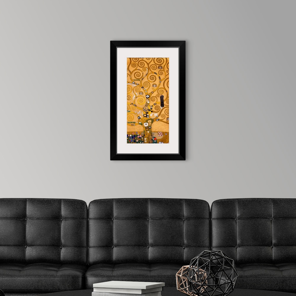 A modern room featuring Modern painting of a large, golden tree with all its branches in spiral shapes, and patchwork-lik...
