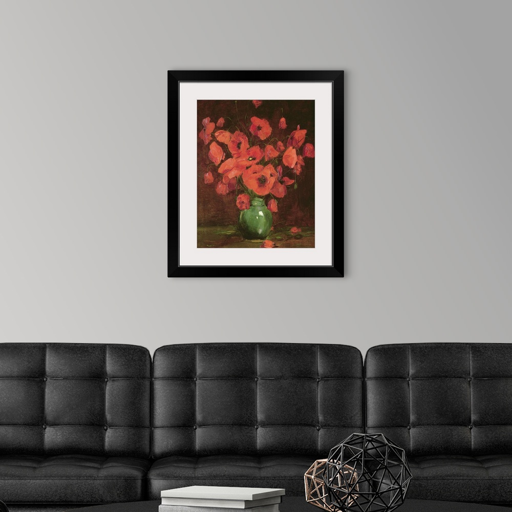 A modern room featuring Classic art painting of a green vase filled with giant red poppy flowers.