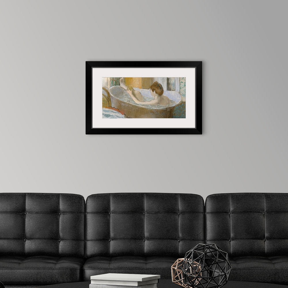 A modern room featuring Panoramic classic art focuses on a lady bathing herself in a large tub within her house.  Her clo...