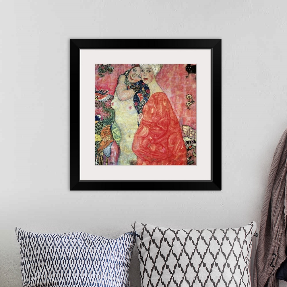 A bohemian room featuring Antique oil on canvas painting showing two females embracing.  One girl is naked and the other is...