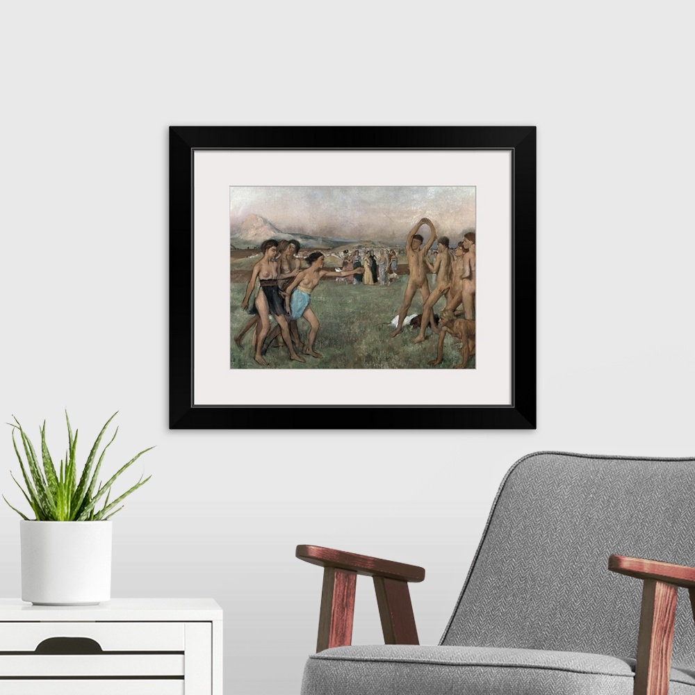 A modern room featuring Horizontal classic art painting of groups of Spartans in the nude, exercising in a large field, w...