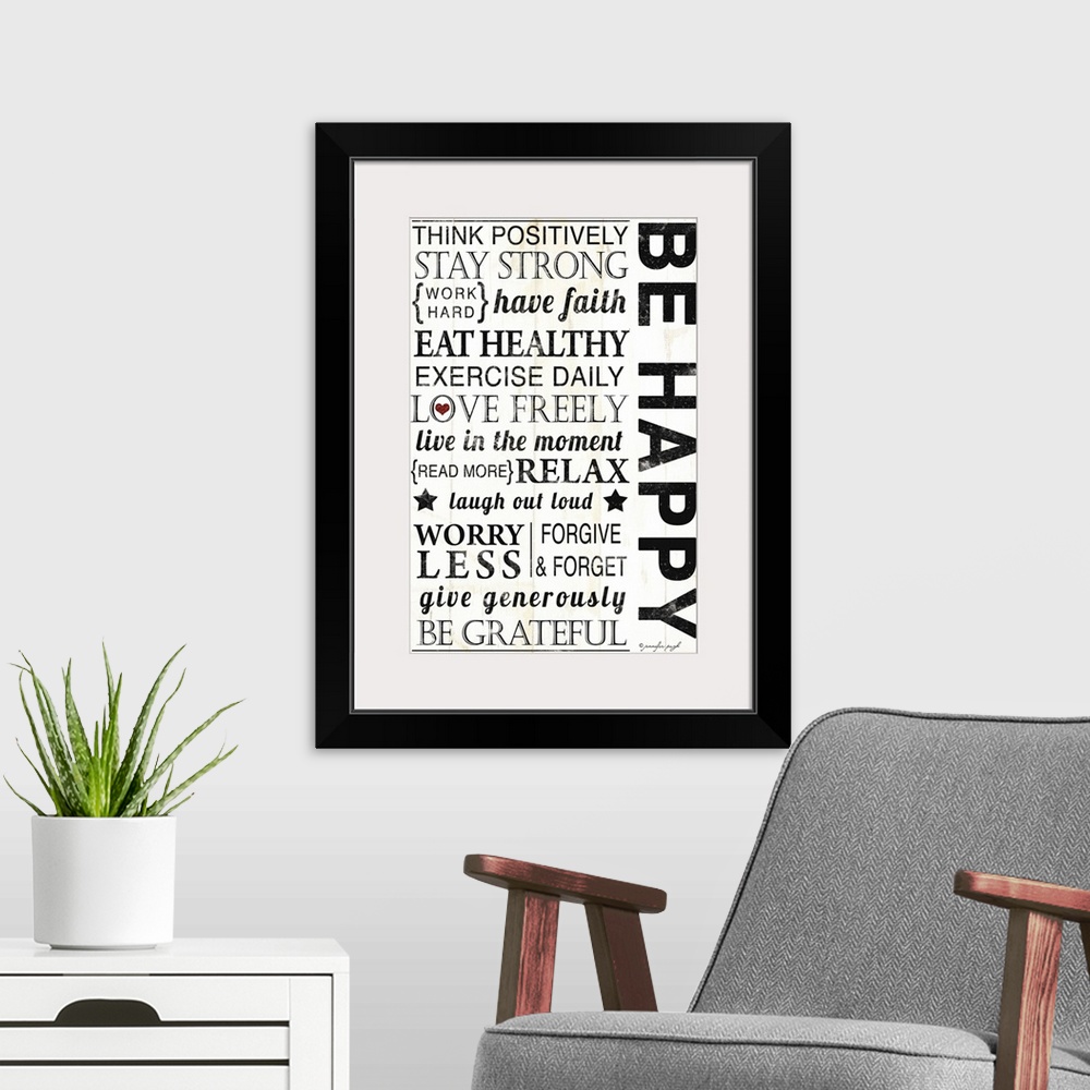 A modern room featuring Large inspirational art composed of motivational text filling the entire area that tells somebody...