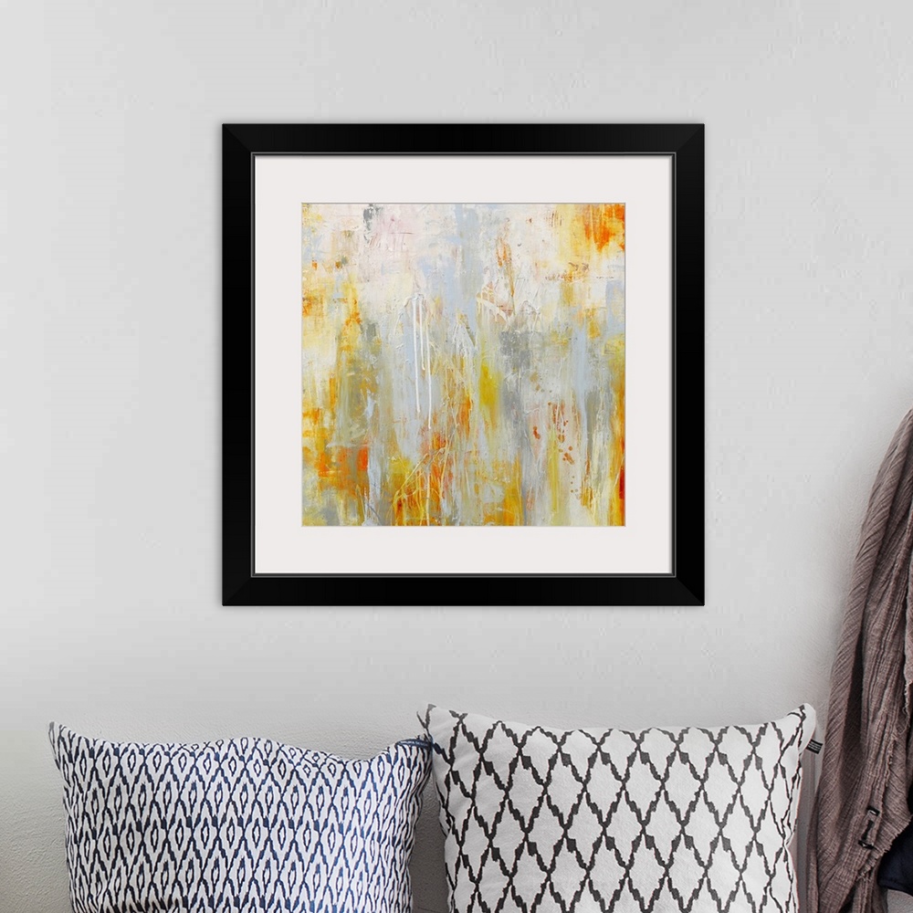 A bohemian room featuring This abstract painting shows splatters and a dribbles of paint on a square shaped decorative acce...