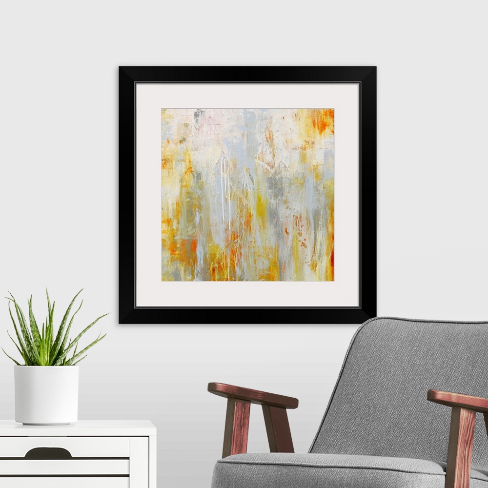 A modern room featuring This abstract painting shows splatters and a dribbles of paint on a square shaped decorative acce...