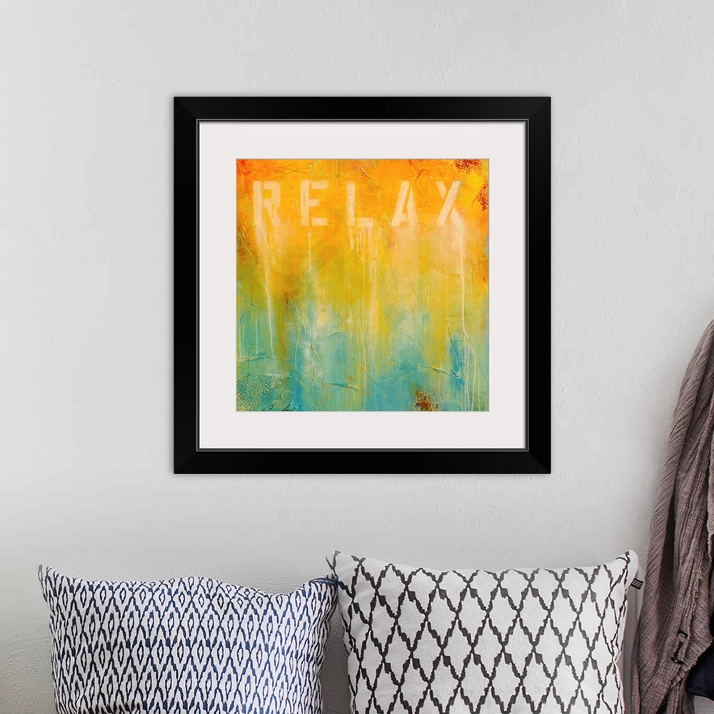 A bohemian room featuring Abstract painting on canvas with a bright gradient of colors running from top to bottom with heav...
