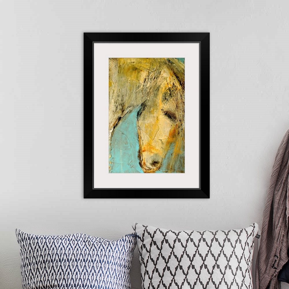 A bohemian room featuring Large contemporary art focuses on a close-up of a horse's head.  Artist uses rough strokes and te...