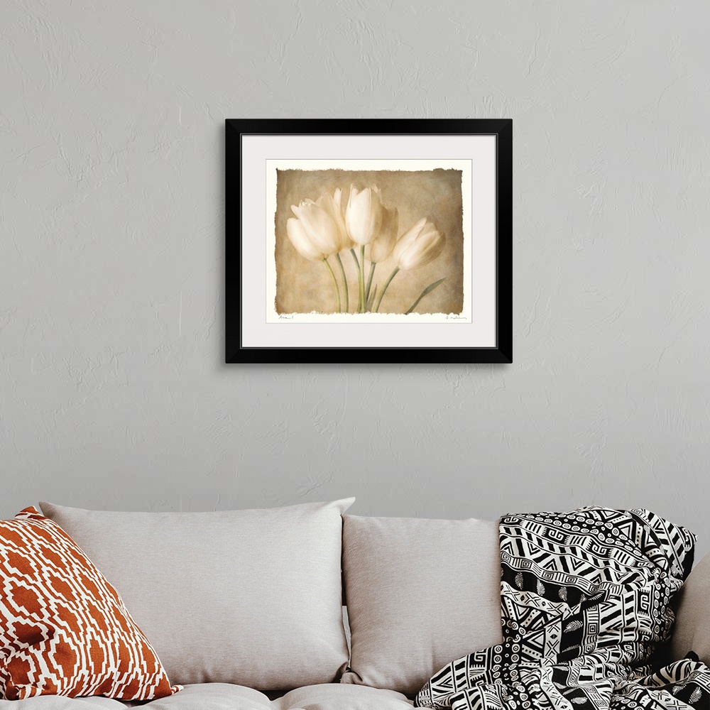 A bohemian room featuring Decorative painting of a small bouquet of tulips in subtle, neutral tones, on a white background.
