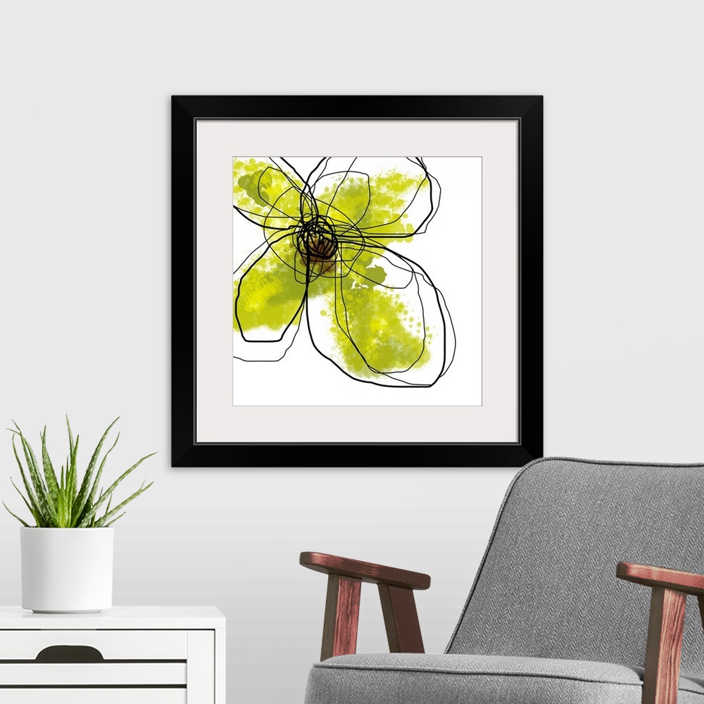 A modern room featuring Oversized, contemporary, square wall hanging of large, splotchy green flower surrounded by scribb...