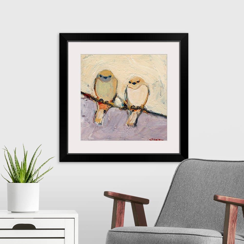 A modern room featuring This is a square shaped canvas is a painting of two birds sitting together on a branch.