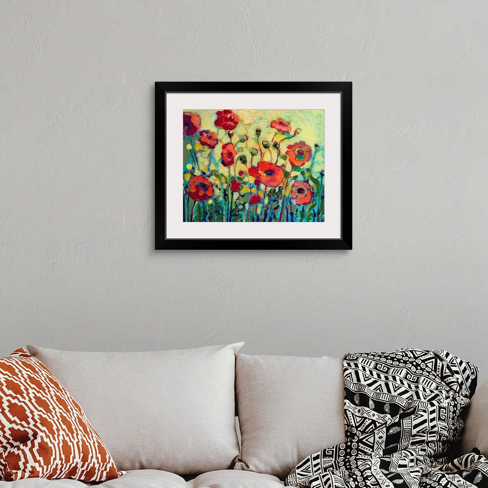 A bohemian room featuring Close up of poppy flowers and leaves with bold impressionistic brush strokes.