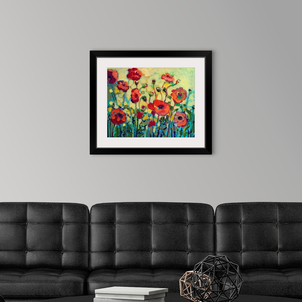 A modern room featuring Close up of poppy flowers and leaves with bold impressionistic brush strokes.