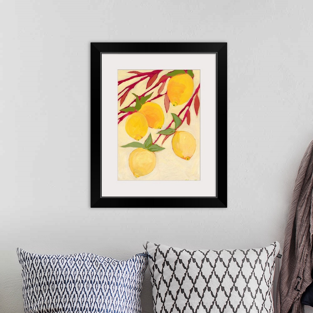 A bohemian room featuring Fine art painting of five brightly colored lemons hanging off a tree branch. Vibrant colors domin...