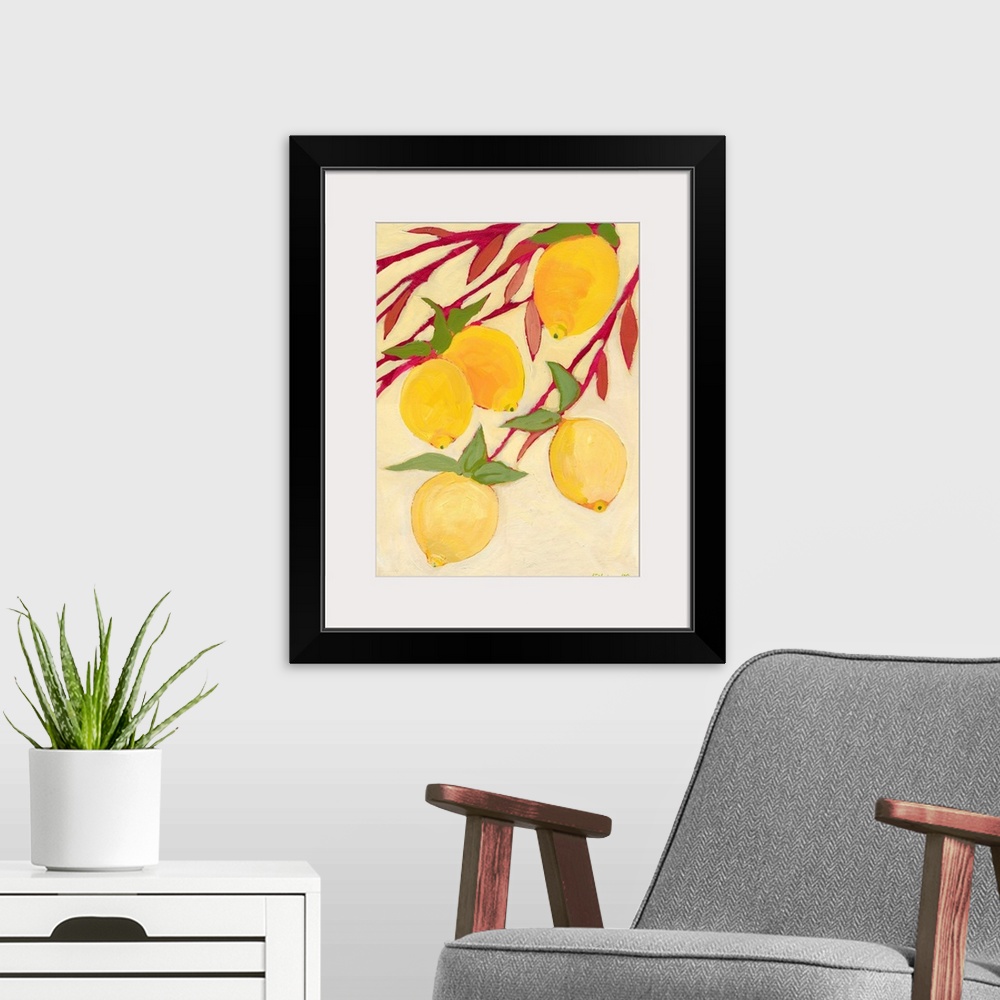 A modern room featuring Fine art painting of five brightly colored lemons hanging off a tree branch. Vibrant colors domin...