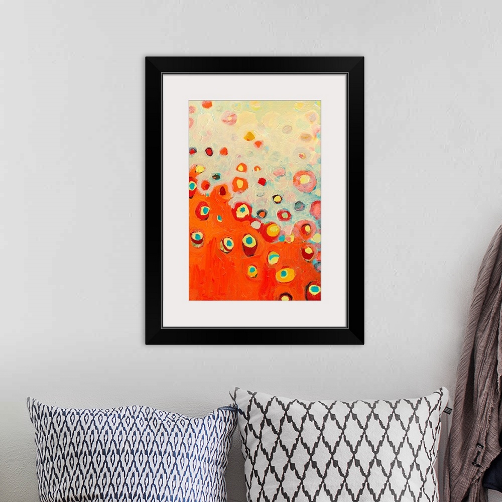 A bohemian room featuring Vertical abstract painting from the Growing in the Valley series of floral images, with circular ...