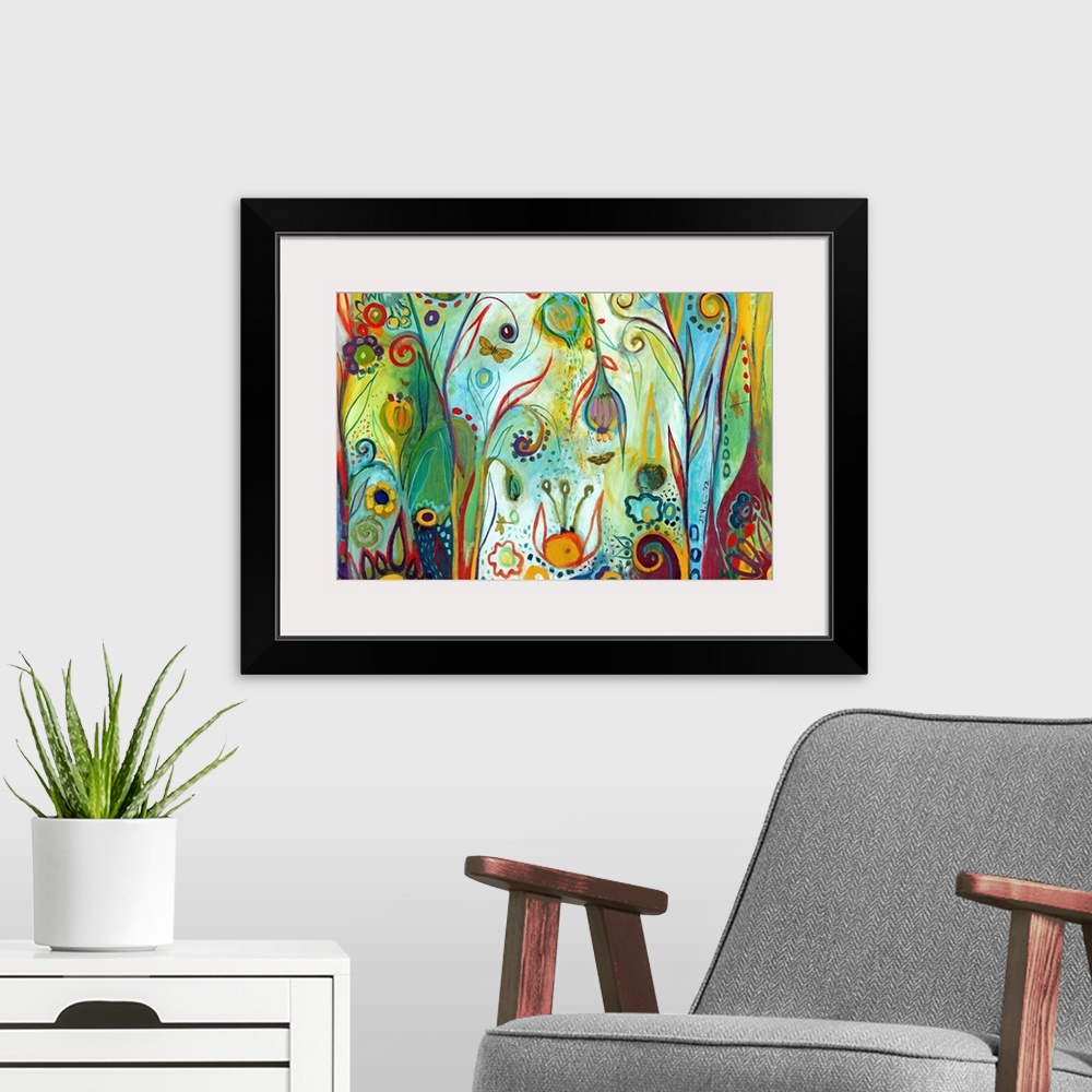 A modern room featuring Brightly colored abstract painting of whimsical flowers and butterflies with areas of patterned d...