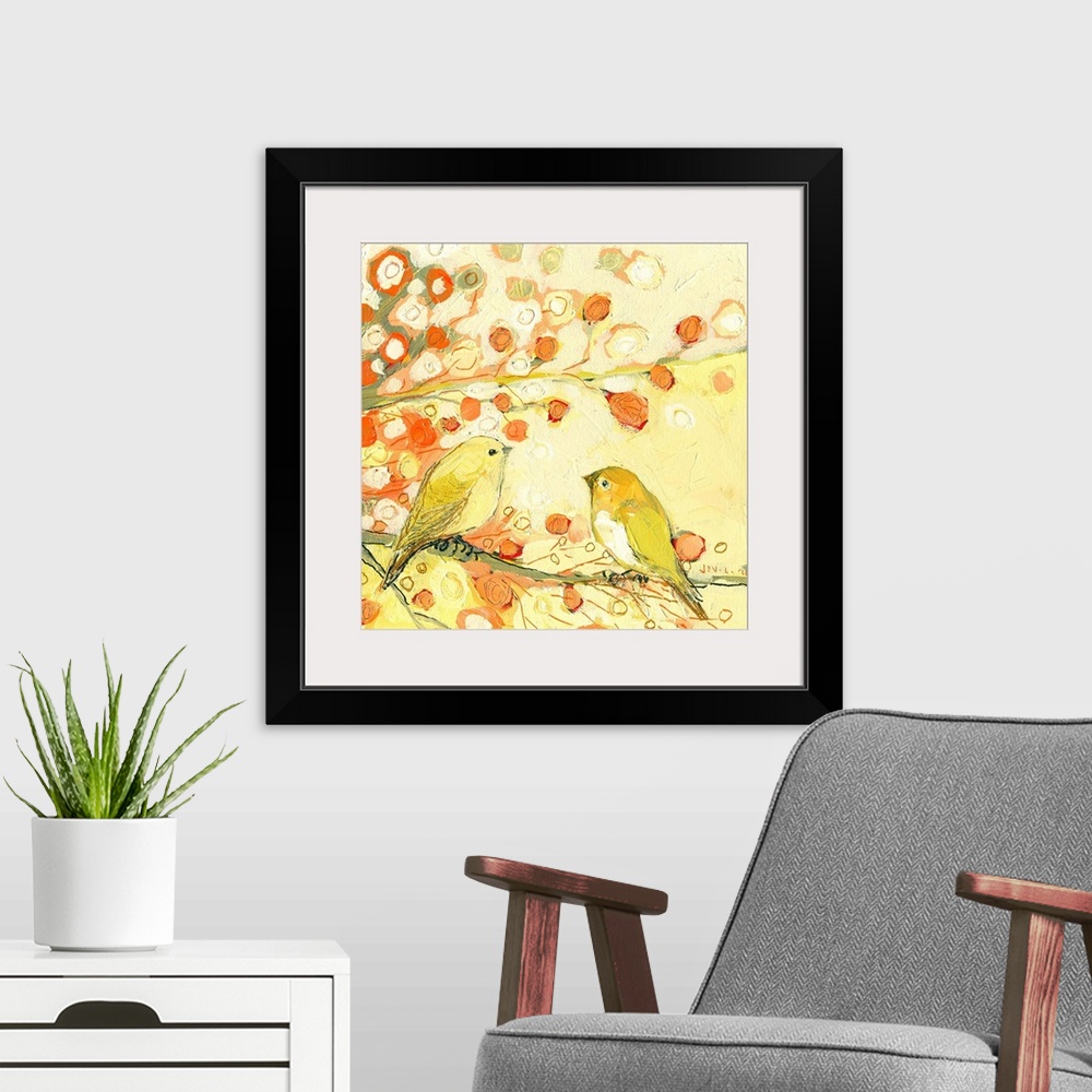 A modern room featuring Big, square wall painting in warm and golden tones of two birds facing each other on a branch, an...