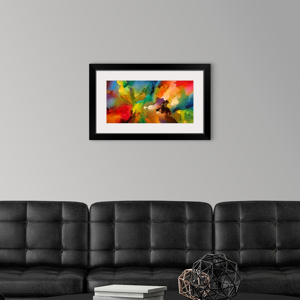 A modern room featuring A large abstract painting displaying a multitude of colors and a variety of different textures.