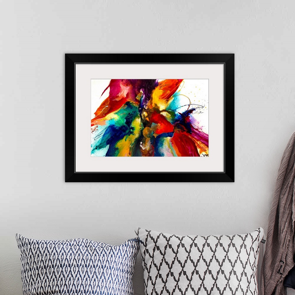 A bohemian room featuring Intense explosion of abstract paint splatters and bleeding colors. This contemporary art work has...