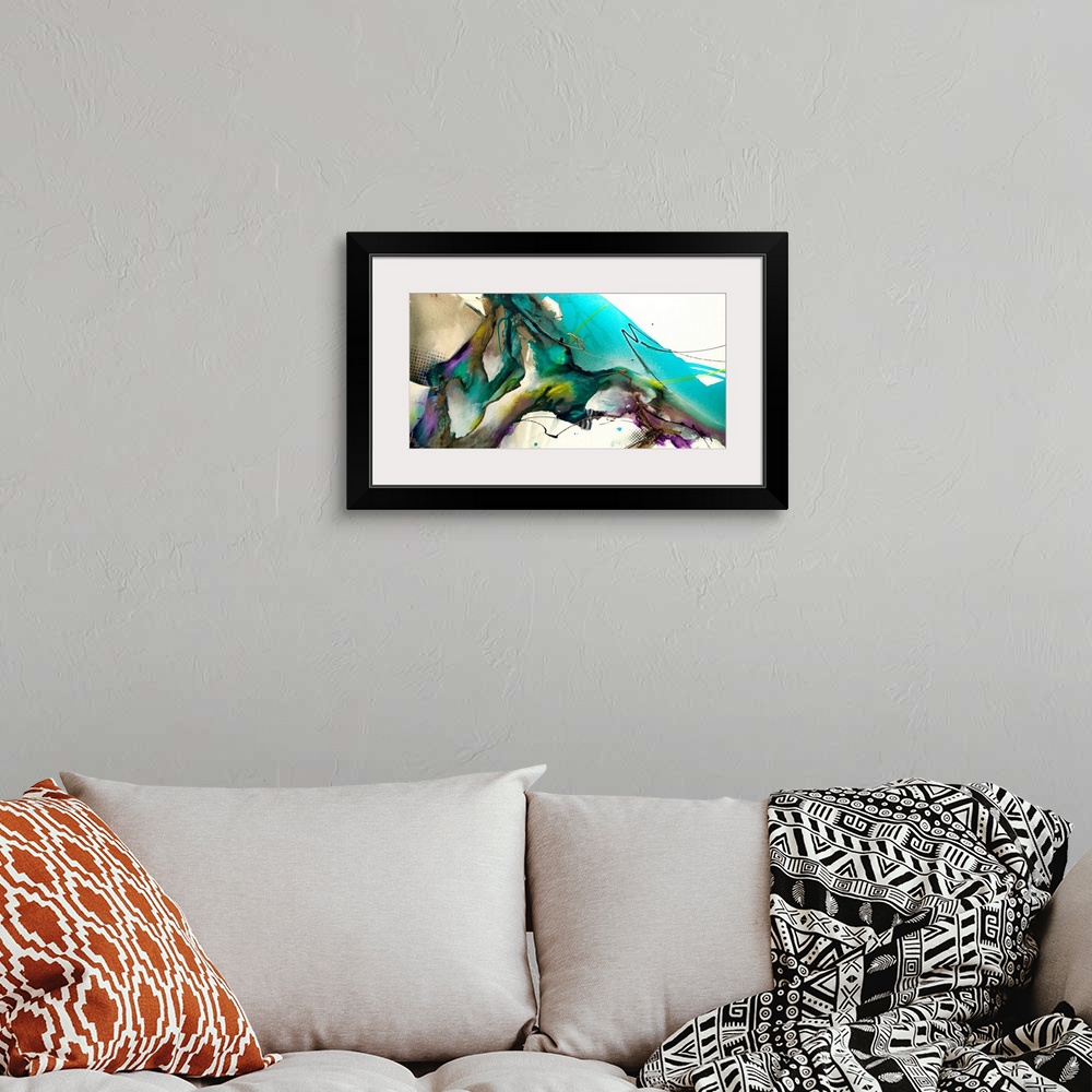 A bohemian room featuring Contemporary artwork of abstract bright colors, including teal hues against an off-white background.