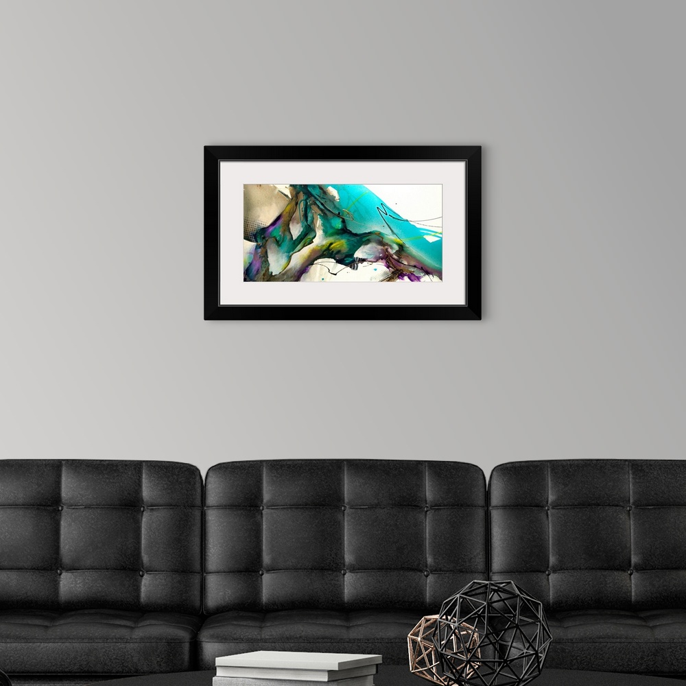 A modern room featuring Contemporary artwork of abstract bright colors, including teal hues against an off-white background.
