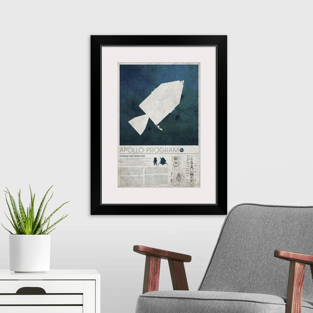 A modern room featuring A large vertical poster of the Apollo Program with an article on the bottom part and an illustrat...