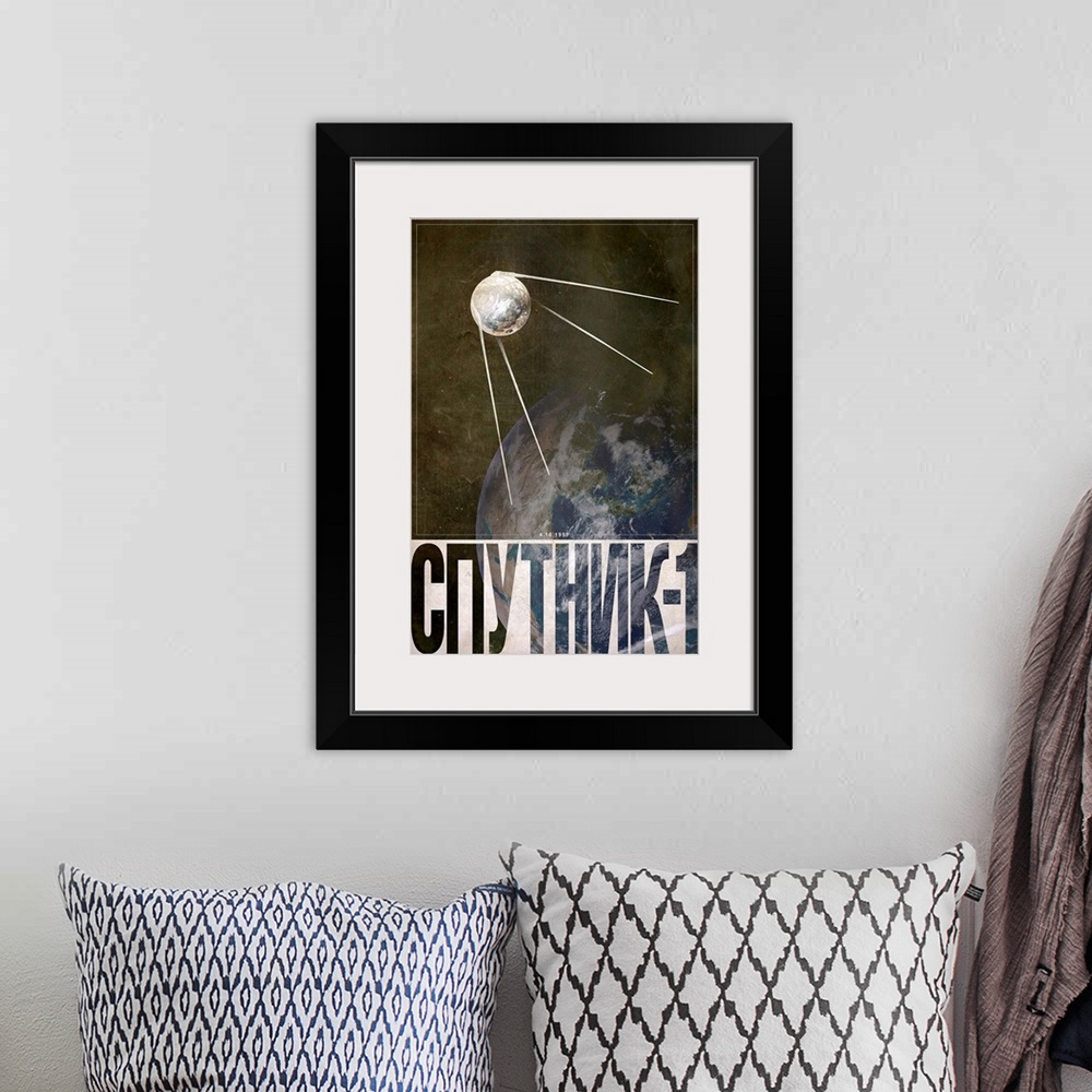 A bohemian room featuring This vertical poster shows the satellite orbiting above the Earth with its name written in Russia...