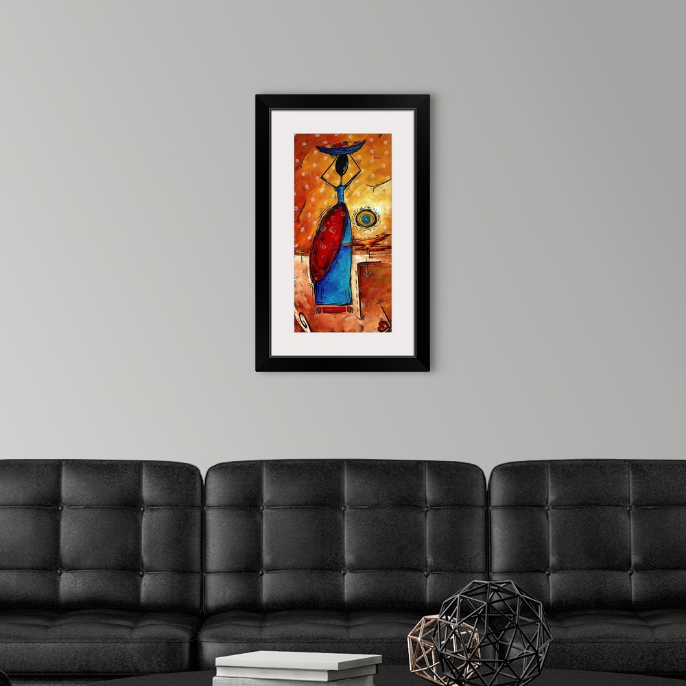 A modern room featuring Abstract artwork of an African woman holding a bowl of fruit on her head.