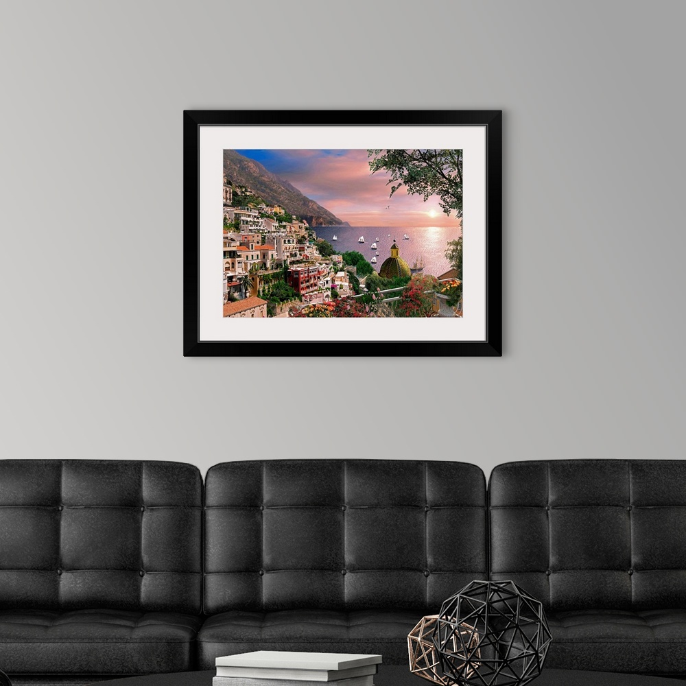 A modern room featuring Photograph of village commune off the Amalfi Coast in Campania, Italy overlooking an ocean sunset...