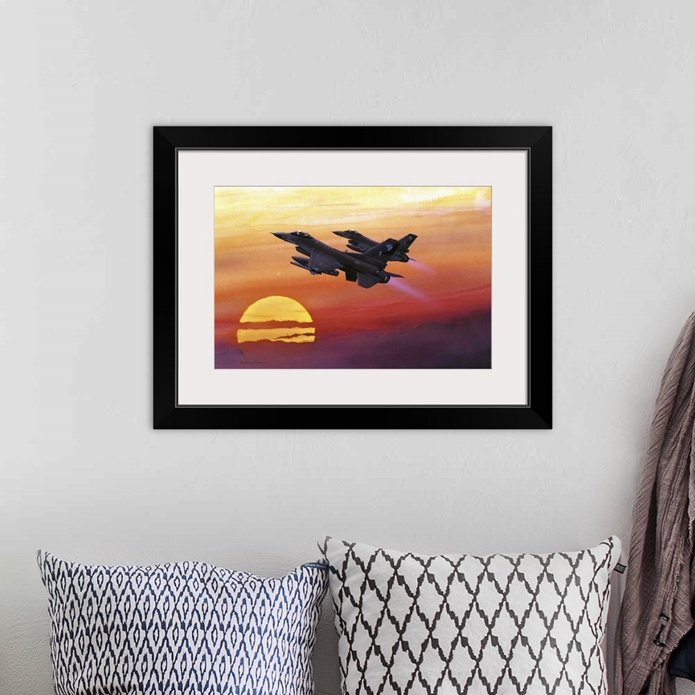 A bohemian room featuring Contemporary artwork featuring F-16 Fighting Falcons flying upwards against a bold, warm sunset.