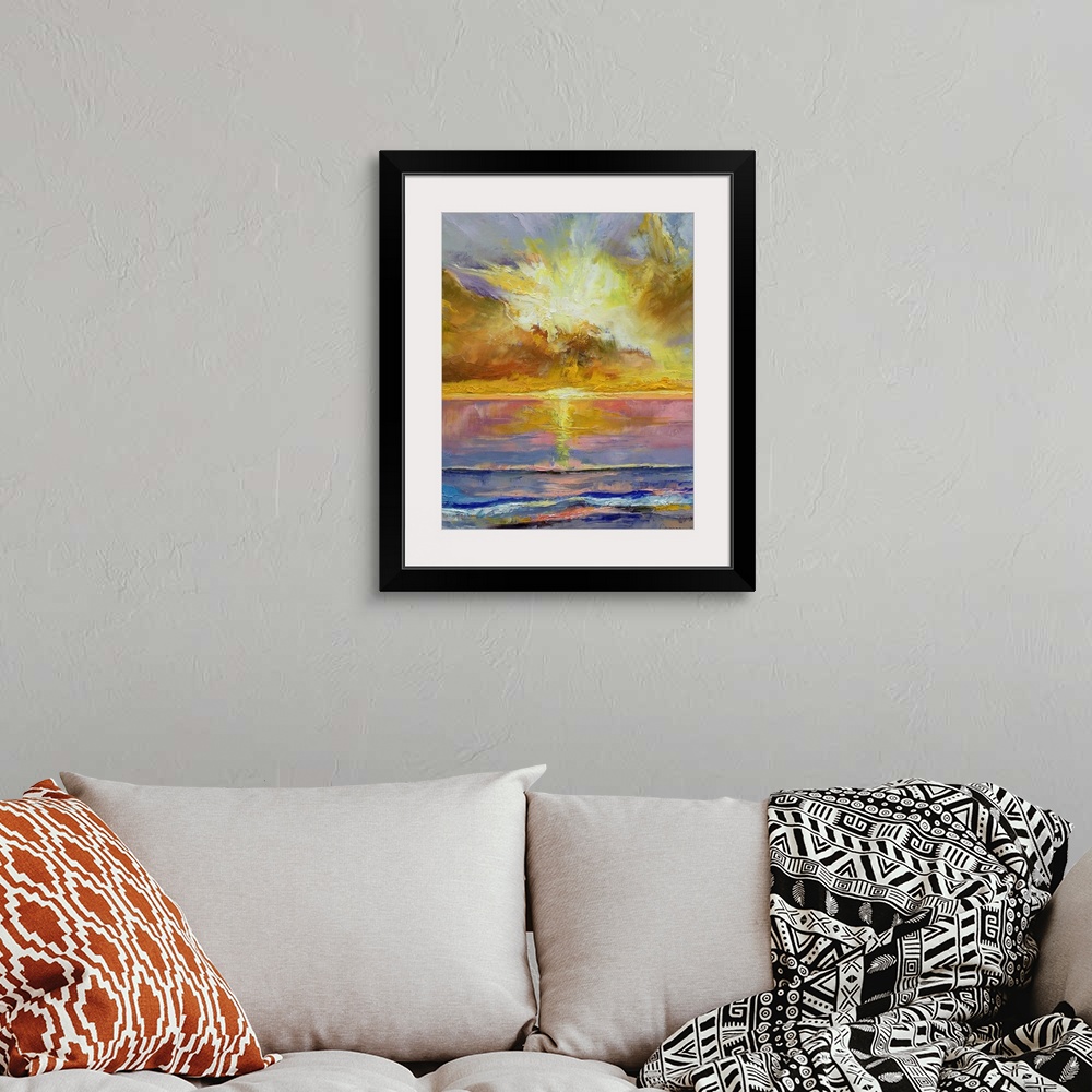 A bohemian room featuring Abstract oil painting of the setting sun over the ocean.  The partly cloud covered sun is reflect...