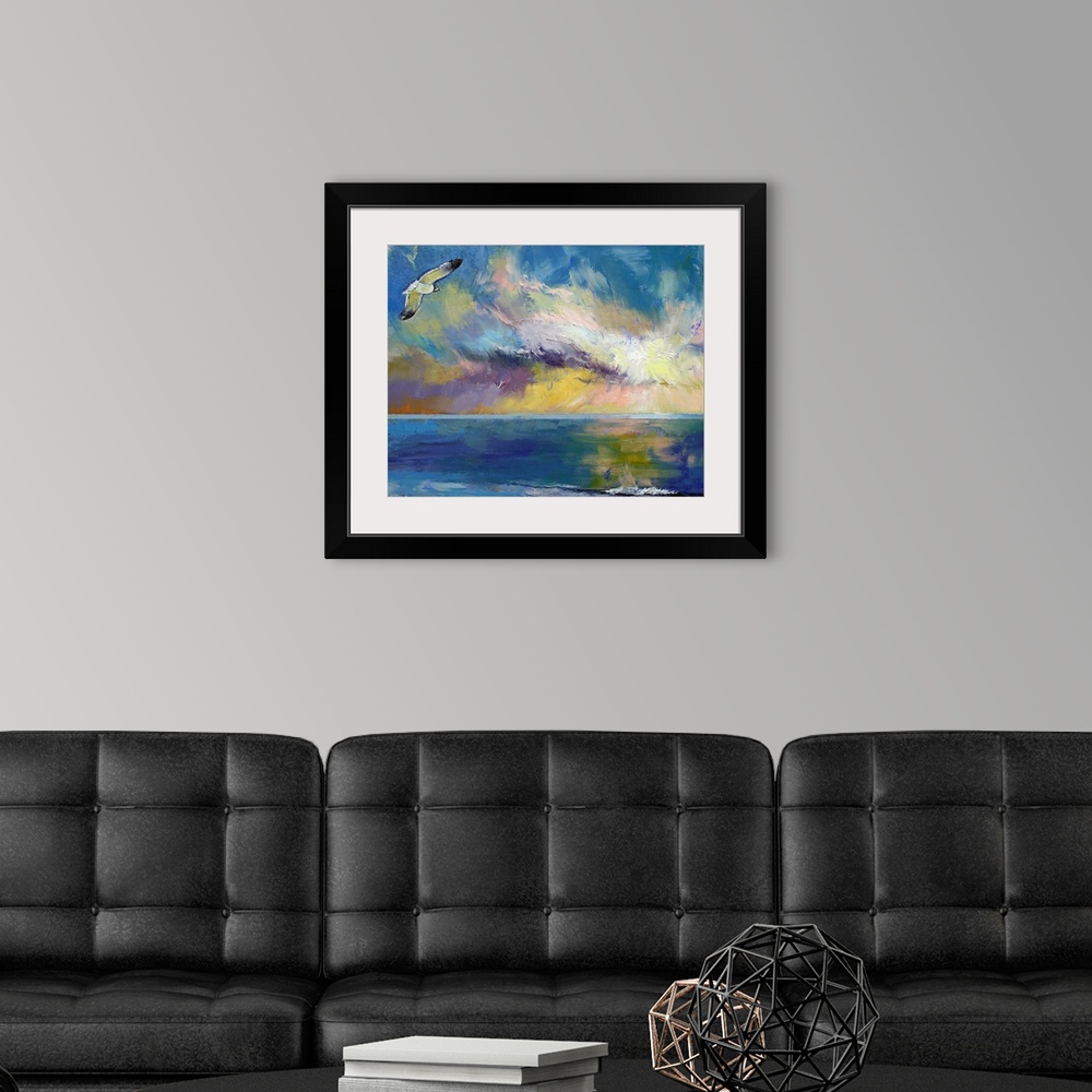 A modern room featuring Giclee print of an oil painting depicting a seagull flying through a colorful sky reflecting in t...