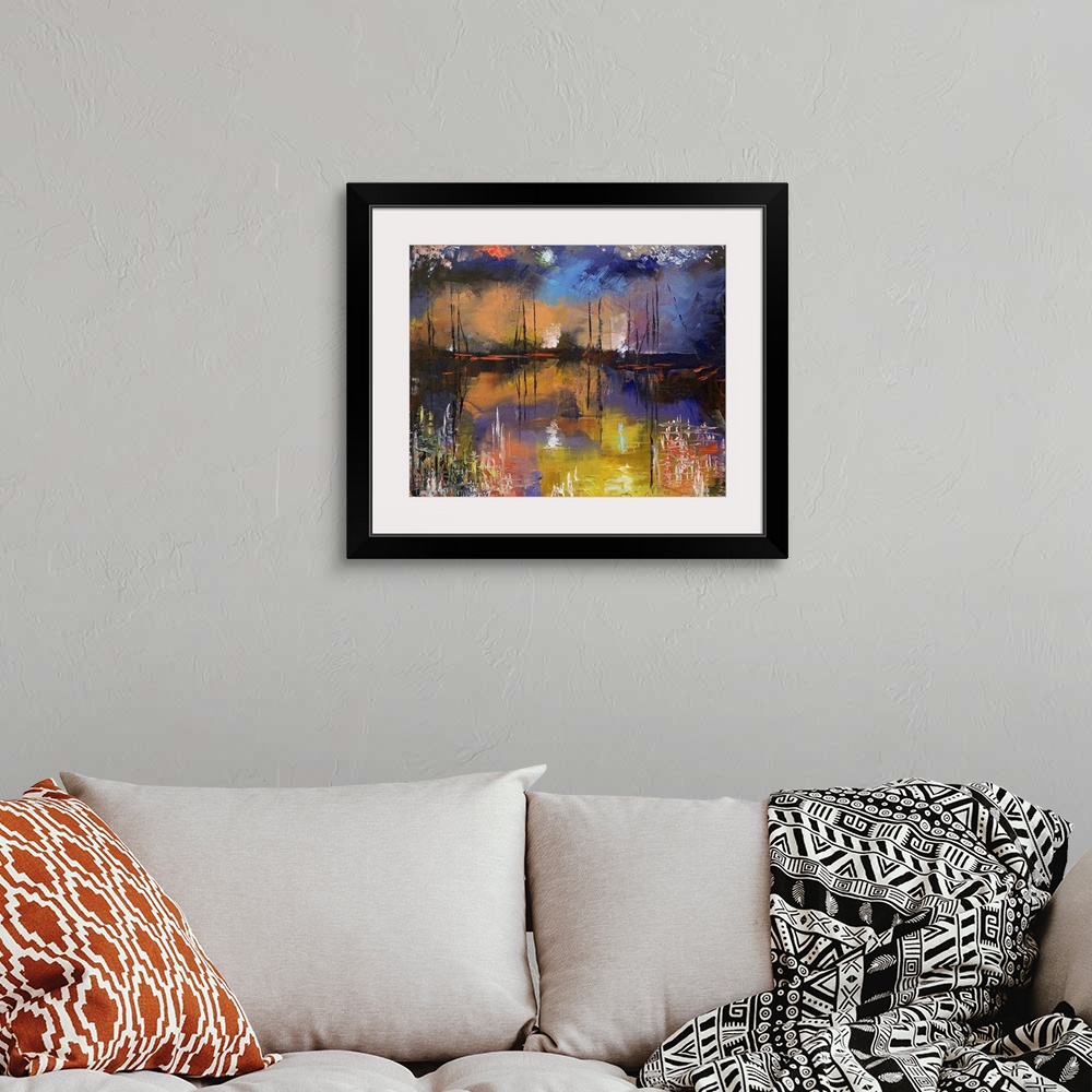 A bohemian room featuring Big canvas art portrays a scene of boats sitting under a night sky as pyrotechnics burst in the b...