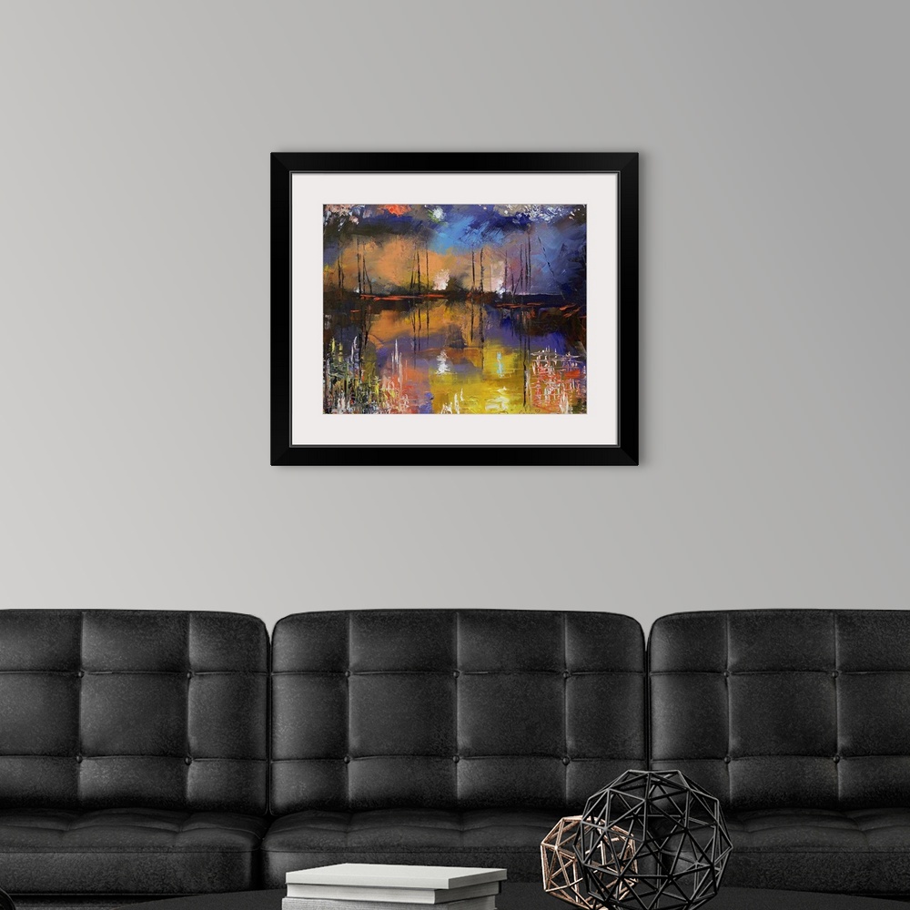 A modern room featuring Big canvas art portrays a scene of boats sitting under a night sky as pyrotechnics burst in the b...