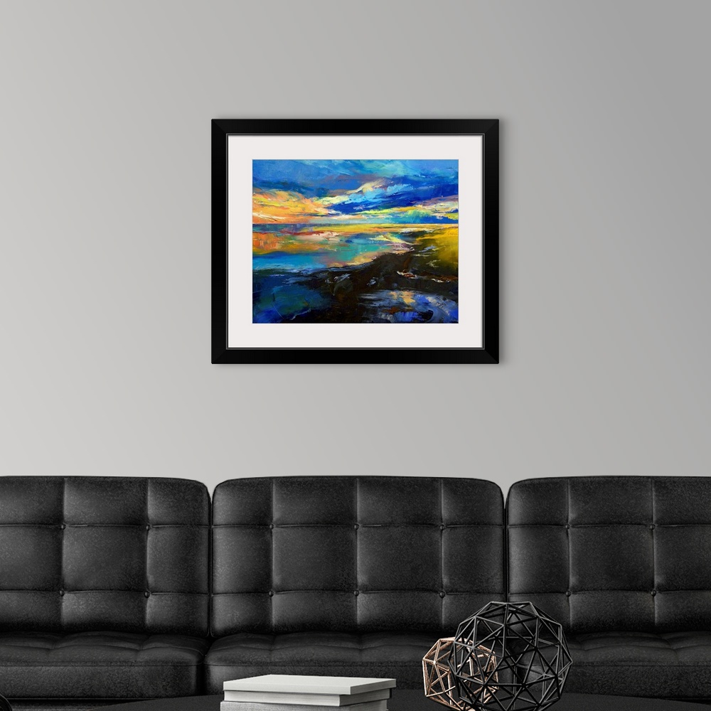 A modern room featuring This contemporary seascape painting possesses impressionistic qualities in its brush strokes crea...