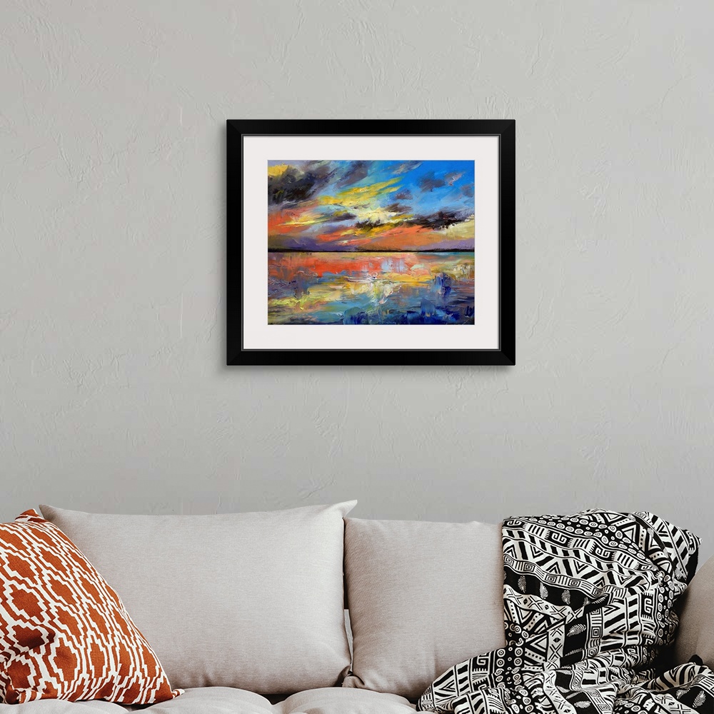 A bohemian room featuring A large wall painting that illustrates a colorful sunset in Key West, Florida.  The texture of th...