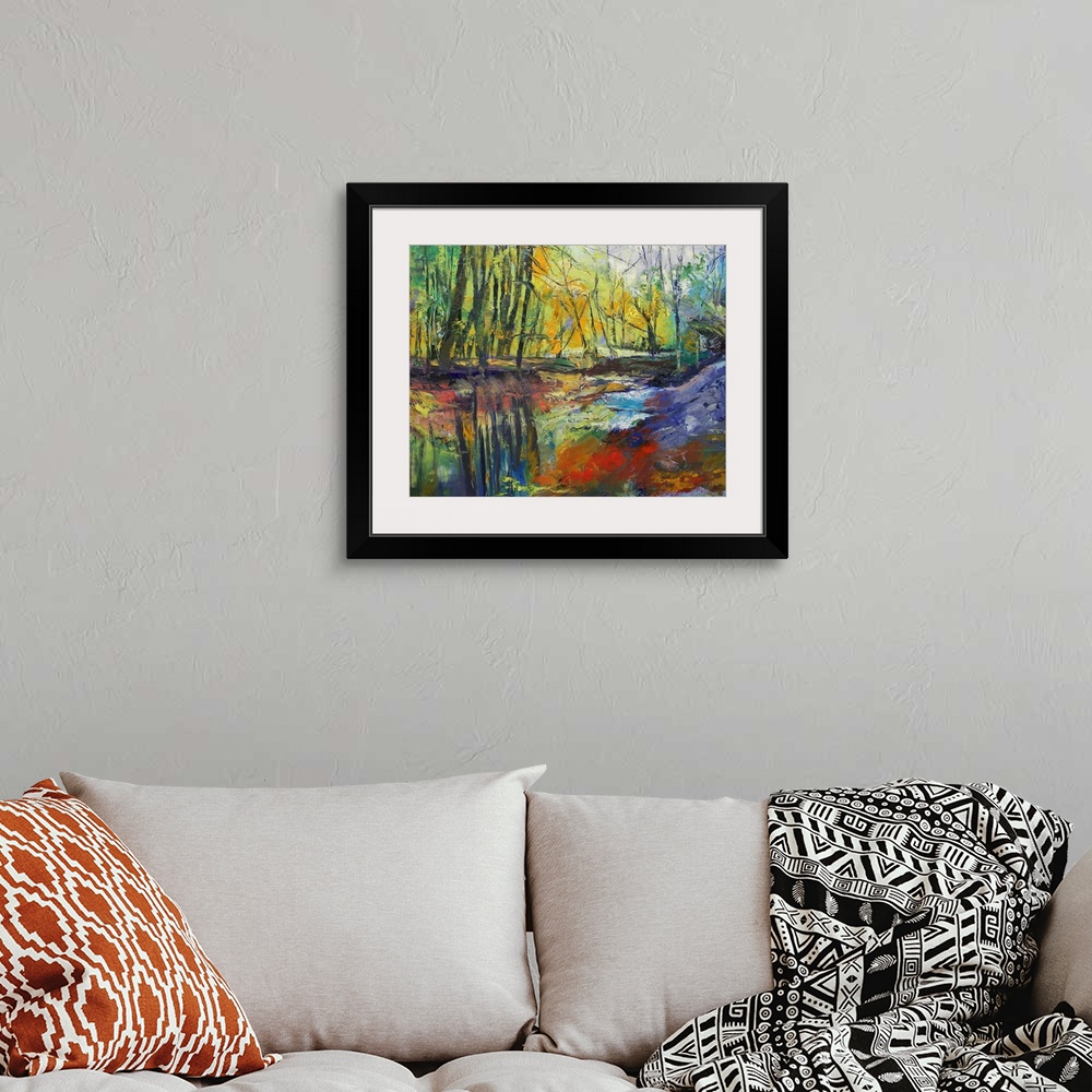 A bohemian room featuring Brightly colored oil painting of a stream running through the forest.  The tall trees and clear s...