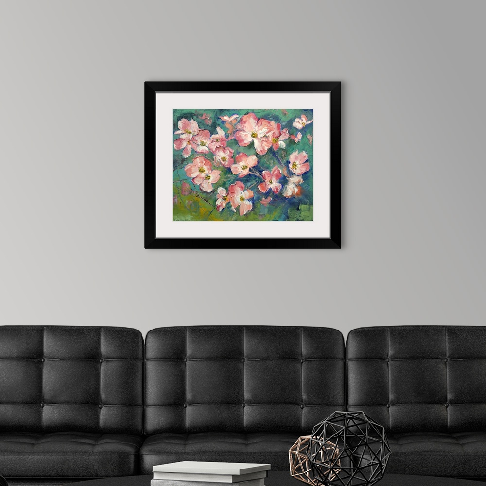 A modern room featuring Giant floral art focuses on a group of flowers that have been created with a number of layers and...