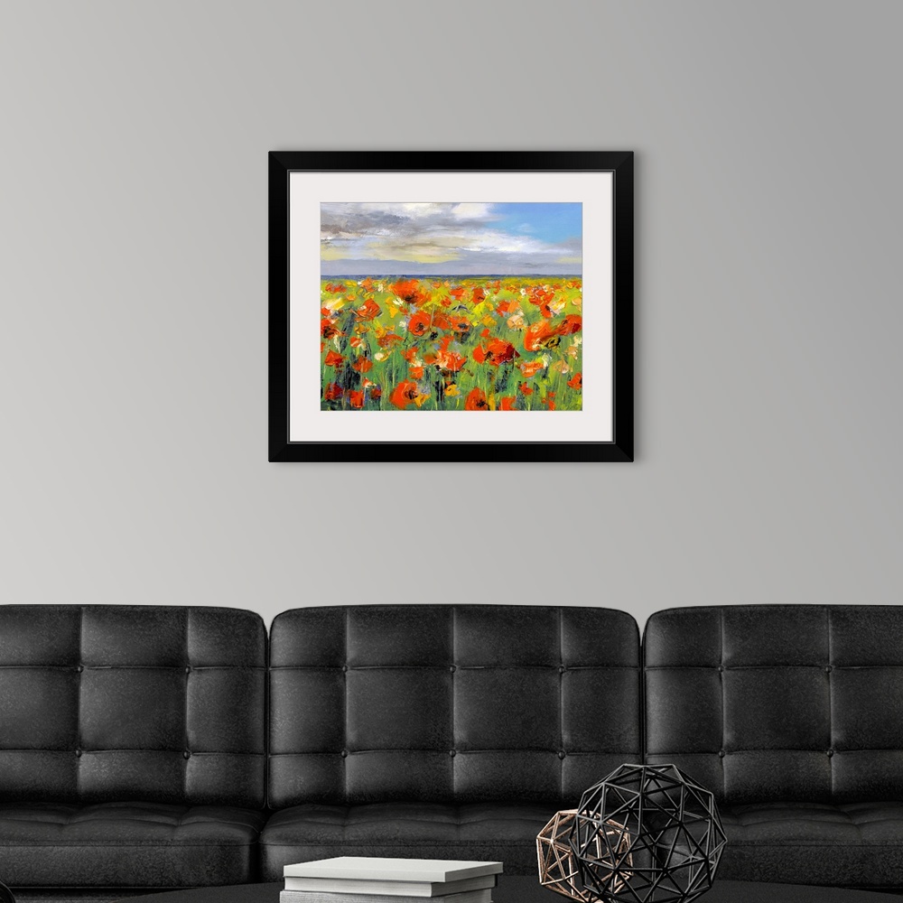 A modern room featuring This decorative wall art is a horizontal painting with an endless landscape of wildflowers and cl...